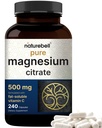NatureBell Pure Magnesium Citrate 500mg per 3 Capsules Serving Size, 240 Capsules per Bottle | High-Purity Elemental Form | Non-GMO, Gluten-Free