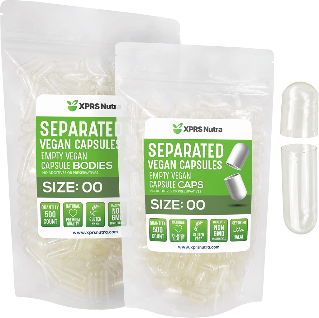 XPRS Nutra Vegan Boyutu 00 Ayrılı Kapsüller - 500 Kont Premium Clear Boş Kapsüller Çantada Ayrıştı - 00 Pills DIY Tamam Filling için Boş