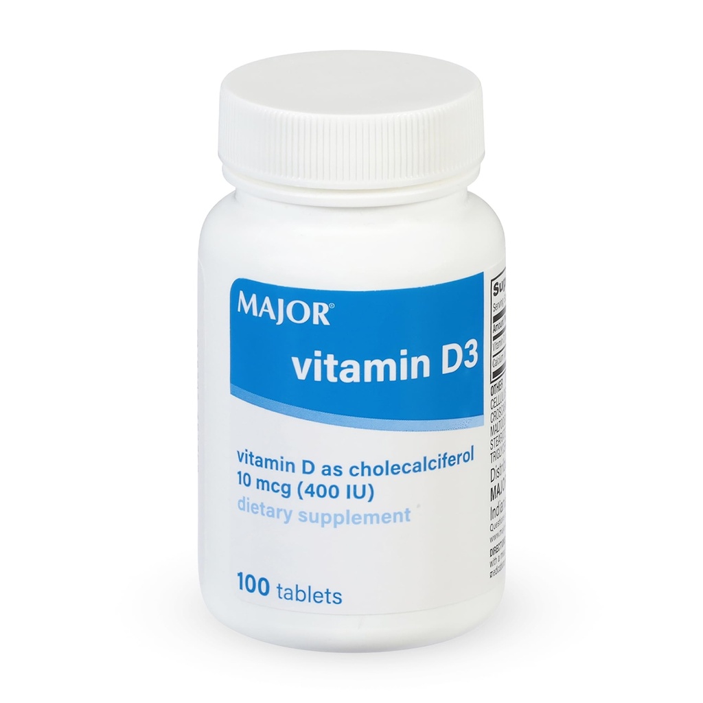 MAJOR Vitamin D3 10mcg (400 IU) - 25 mg ofba - Diyetsel Tamam - 100 Tablet (1 Pack)