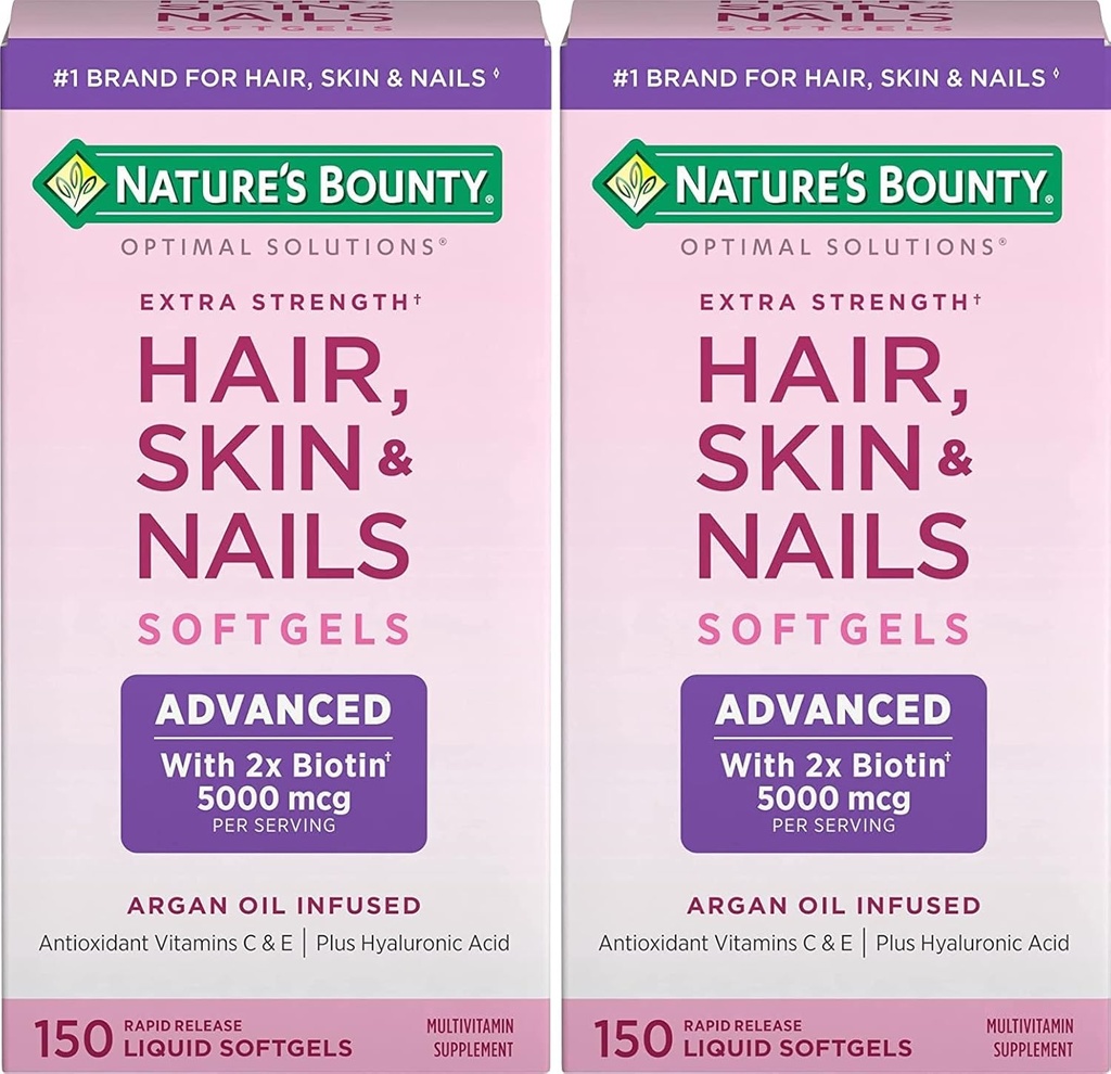 Nature's Bounty Hair, Skin & Nails Hızlı Yayın Softgels, Argan-Infüzyon Vitamin Supplement with Biotin and Hyaluronic Acid, Supports Hair, Skin, and Nail Health for Women, 150 Count (Pack of 2)