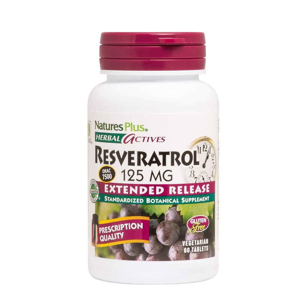 Natures Plus Herbal Actives Resveratrol, Genişletilmiş Yayın - 125 mg, 60 Vejetaryen Tablet - Gluten-Free - 30 Hizmet