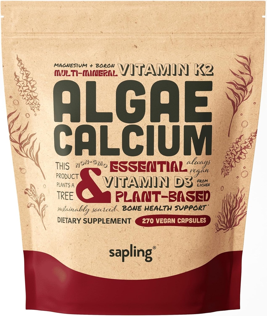 Kalsiyum Supplement - K2 & D3 ile tüm Gıda, Magnezyum, çinko, Boron, Mineral Kompleksi. Red Algae'den kaynaklanmış Sustainable, Bone Strength ve Support için. Non-GMO & Vegan (270 Count)