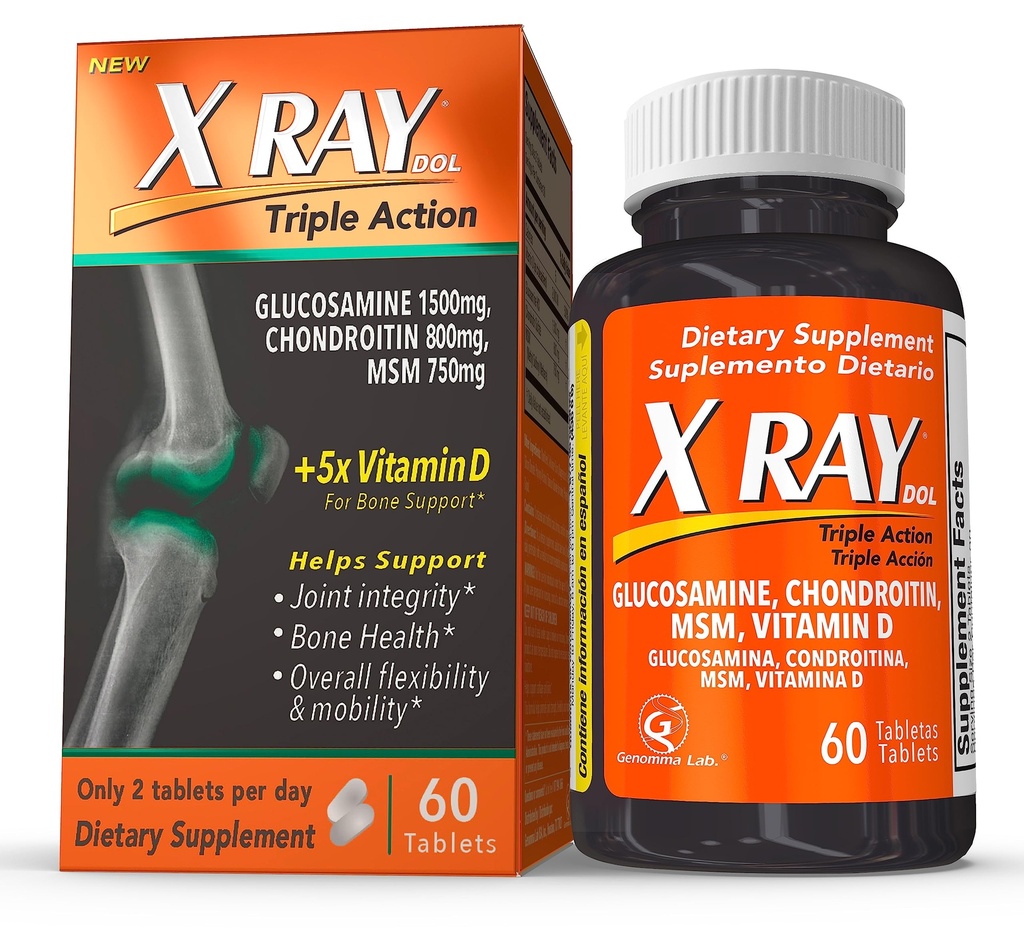 X Ray Dol Triple Action Joint Support Supplement with Glucosamine 1500 mg, Chondroitin 800 mg, MSM 750 mg ve 5X Vitamin D for Health Commons, Bones & Cartilage - 60 Kont Şişe - 1 Pack