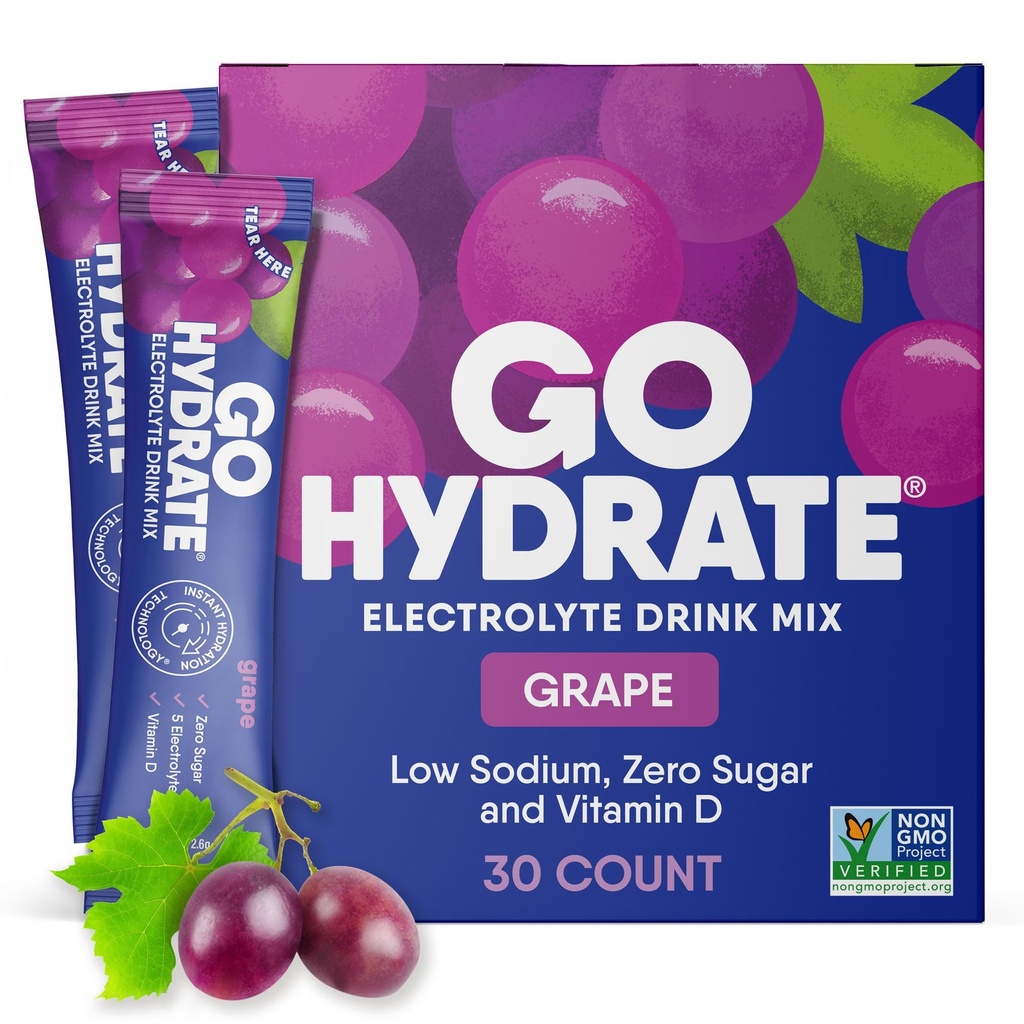 GoHydrate Instant Hydration Toz Paketleri - Low sodyum Electrolytes Drink Mix - Natural Hydration Support, Sugar Free Electrolyte Flavored Toz I Vitamin D, 30 Packs, Grape