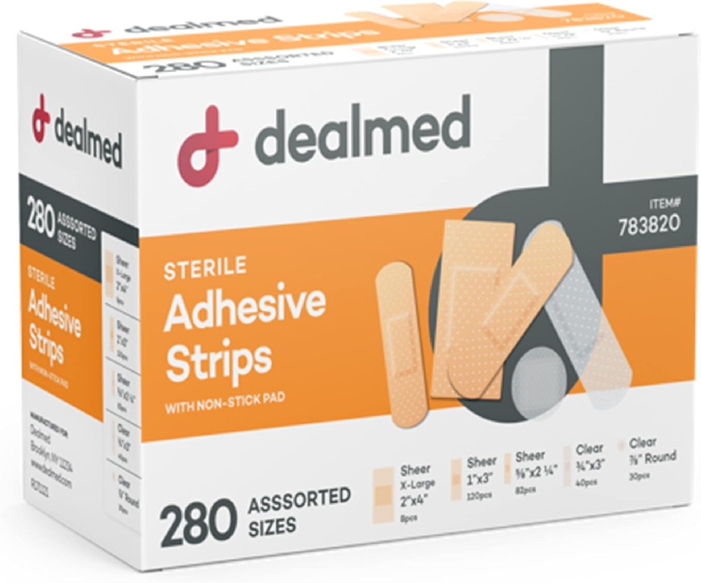 Dealmed Assorted Diversity Pack Esnek Yapıştırıcı Bandages Sterile Bandage Strips with Non-Stick Pad, Latex Free, Yara Care for First Aid Kit (280 Bandages)