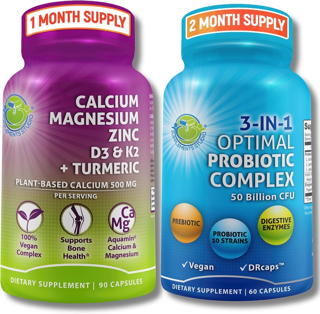 Bone Health & Gut Support Sche – 3-in-1 Probiyotik 50 Milyar CFU, Prebiyotik ve Digestive Enzymes + Plant-Baseduba, Magnezyum, çinko, D3, K2 & Organik Turmeric – Vegan, Non-GMO, Clean Label, Non-GMO, Clean Label