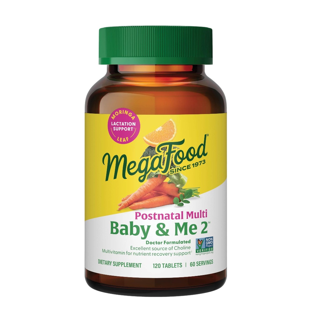 MegaFood Baby & Me 2 Postnatal Vitaminler Kadınlar için Folate (Folic Acid Natural Form), Choline, Iodine, Vitamin D, Moringa Leaf ve More - 120 Tabs (60 Hizmet)