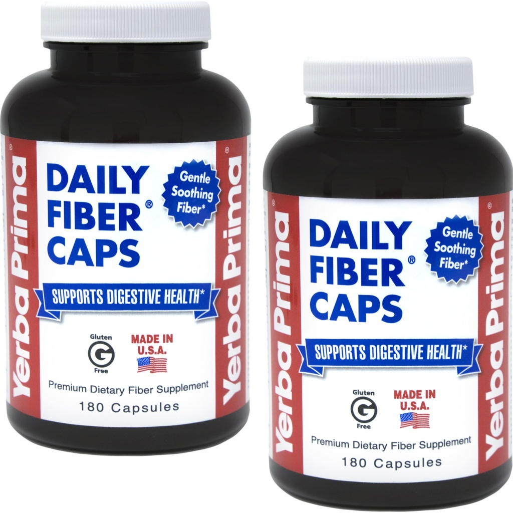 Yerba Prima Daily Fiber Formula - 180 caps (Pack of 2) - Soluble & Insoluble Dietary Fiber Supplement - Colon Cleanse - Gut Health - Vegan, Non-GMO, Gluten-Free