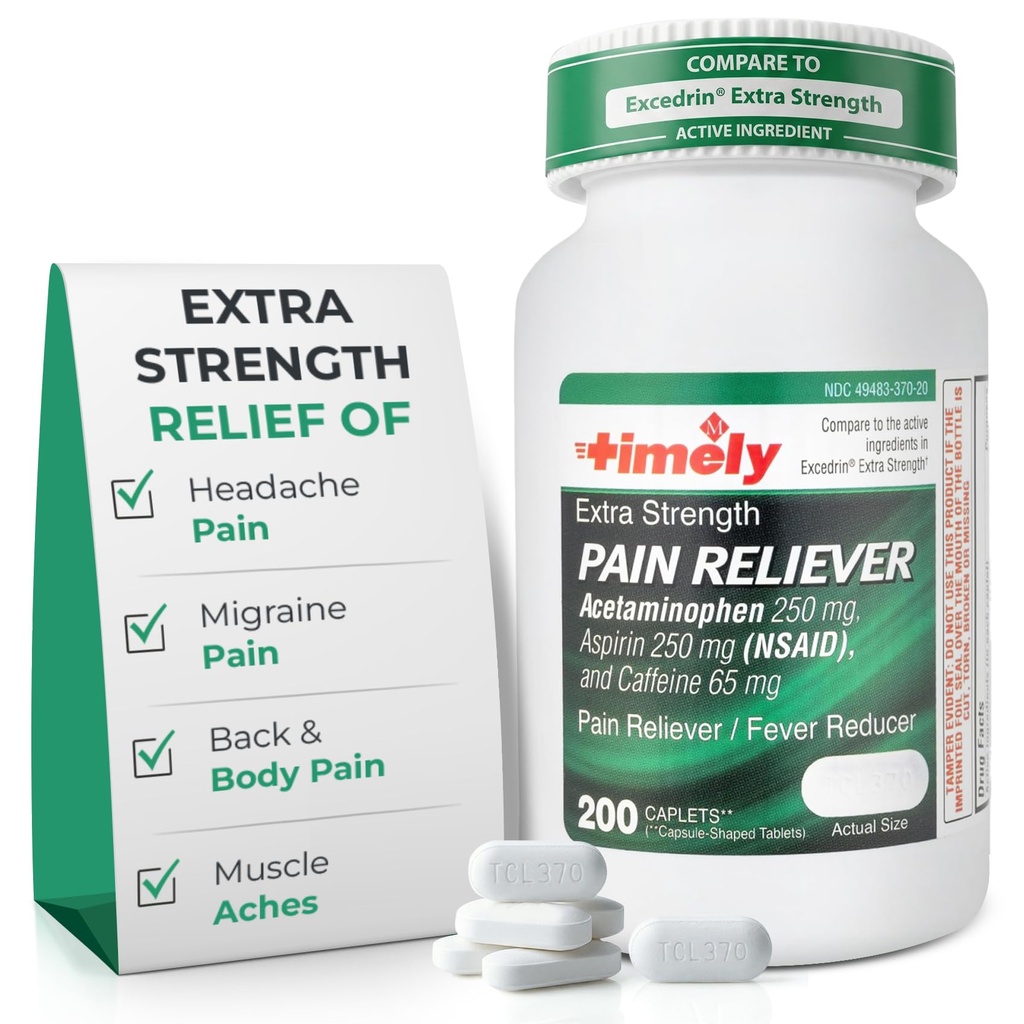TIME-CAP LABS, INC. Timely Extra Strength Headache Relief - Acetaminophen with aspirin & Caffeine (200 Caplets) - Headache, Migraine & Back and Body Pain & Muscle Aches - Ekstra Kuvvet - ABD'de Yapılan