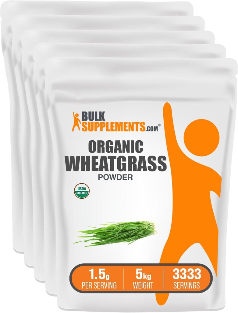 BulkSupplements.com Organic Wheatgrass Powder - Organic Super Greens Powder, Superfoods Supplement - Vegan & Gluten Free, 1.5g per Serving, 1kg (2.2 lbs) (Pack of 5)