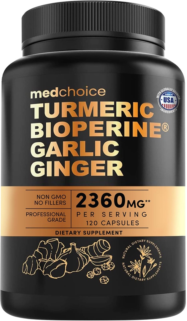4-in-1 Turmeric and and Supplements with BioPerine – 2360 mg Turmeric Ginger Root Capsules with Garlic – High Potency Herbal Mix (120 ct)
