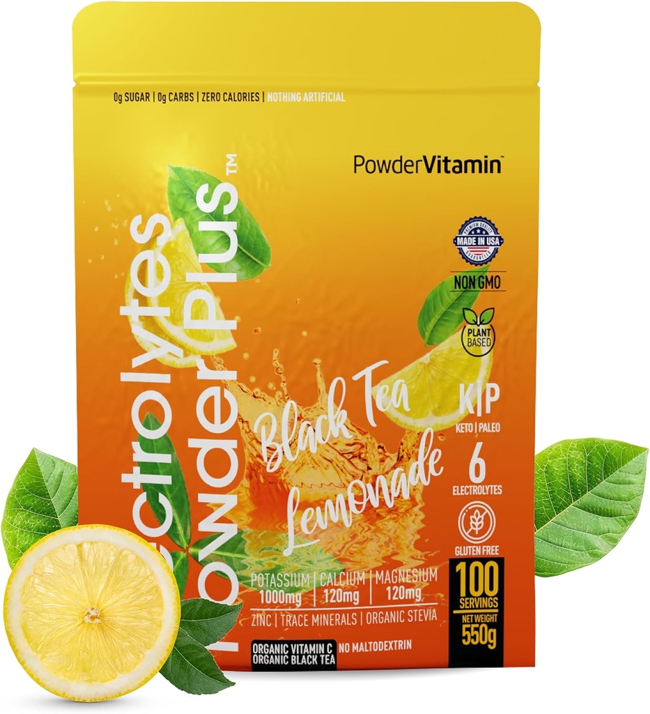 TozVitamin Electrolytes Toz Plus (100 Hizmet) Black Tea Lemonade Electrolyte Toz Zero Calorie Keto,0 Sugar, No Maltodextrin,1000 mg Pyum,120 mguba,120 mg Magnezyum, Hydration Toz