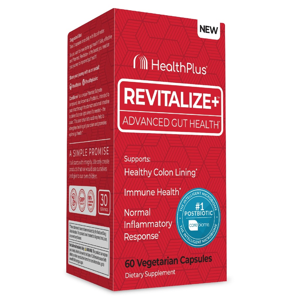 Health Plus Revitalize+ Corebiome Tributyrin Postbiyotiks for Complete Digestive Health, Leaky Gut, Colon | Gut Health Supplements for Men & Women | 60 Capsules, 30 Servisler