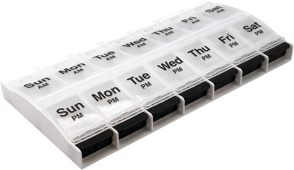EZY DOSE Push Düğmesi (7-Day) Pill Case, Tıp Planlayıcı, Vitamin Organizecı, 2 Bir Gün, AM/PM Konteyner, X-Large Karşılaştırmaları, Arthritis Friendly, Easy to Use, Clear Lids, Clear/Black, BPA Free