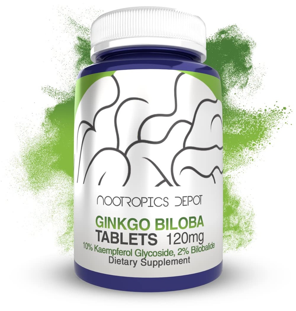 Nootropics Depot Ginkgo Biloba Extract Tabletleri | 120 mg | 90 Count | Minimum% 10 Kaempferol Glycoside + 2 Bilobalide | Bilobascular Functions & Cardiovascular Function