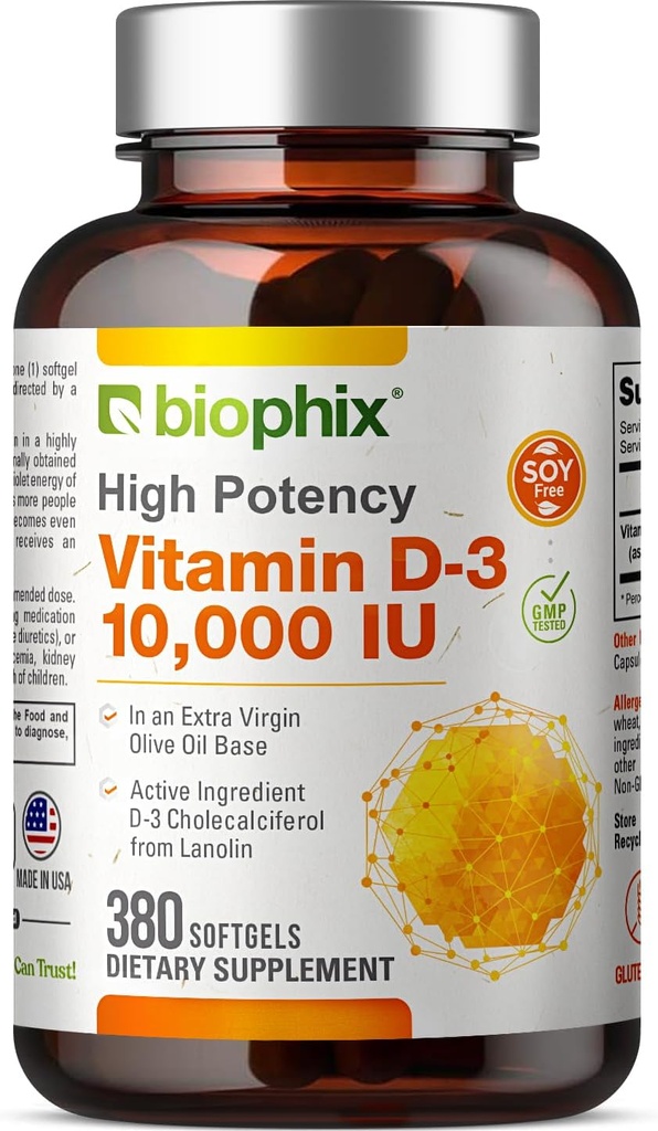 Biyophix Vitamin D-3 10000 İ 380 Softgels - Ekstra Virgin Zeytinyağının Yüksek Lisanssızlığı - Güçlü Bones Immune Health