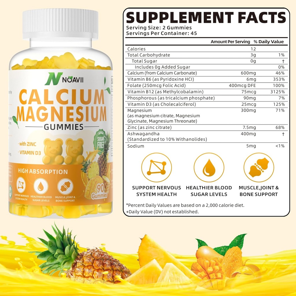 D3 Vitamini ile kalsiyum çinko Gummies, ashwagandha Supplement - Yüksek Potency Absorpsiyon - Pineapple Flavor-90 Kont