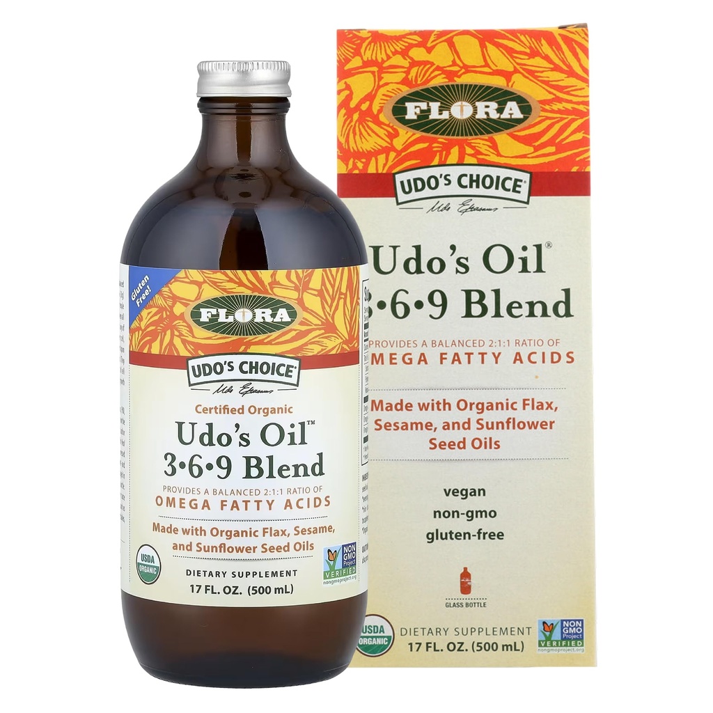 Flora Udo'nun Petrol 3-6-9 - Vegan Omega-3 & Omega-6 Oil - Contains Organic Coconut Oil, Flax Seed Oil & More - Keep Chilled - 17 fl. oz.