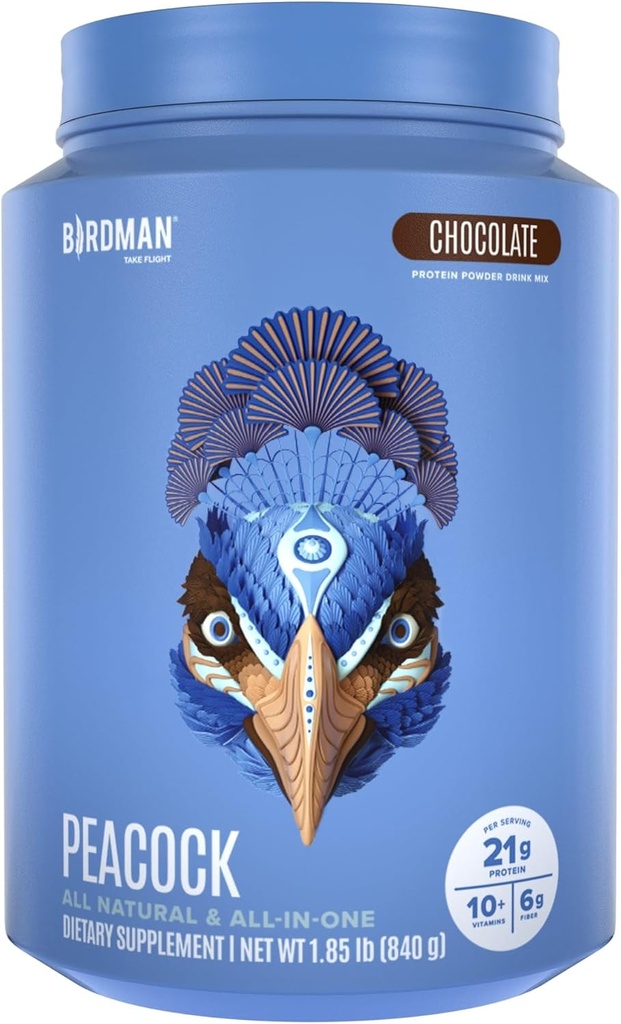 BIRDMAN Peacock Vegan Protein Powder | Complete Plant Based Meal Replacement Shake with Magnesium, Vitamin D, MCT Oil | All in One Supplement for Men and Women | Smooth Texture | Chocolate Flavor