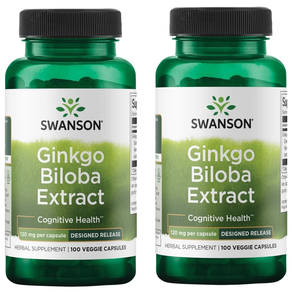 Swanson Ginkgo Biloba Extract Standardized Gecikmiş-Release Memory Brain Cognitive Function Health Supplement 120 mg (% 25 flavone glycosides,% 6 Terpene lactones) 100 Veggie Drcaps (2 Pack)