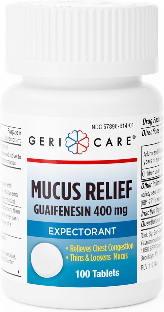 Mucus Relief Tabletleri Geri-Care | Göğüs Katkısı Yardımı | Guaifenesin 400 mg | 100 Kont Şişe Şişe