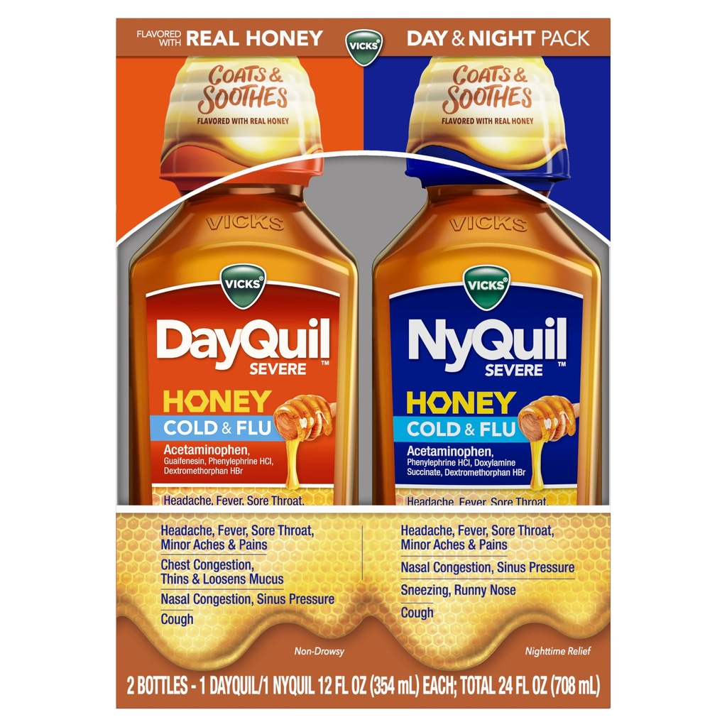 VICKS DayQuil & NyQuil SEVERE Honey Flavor Co-Pack, Cold & Flu Medicine, Relieves Headache, Fever, Sore Throat, Minor Aches & Pains, Nasal Congestion, Sinus Baskısı, 2x12oz ve Cough, 2x12oz