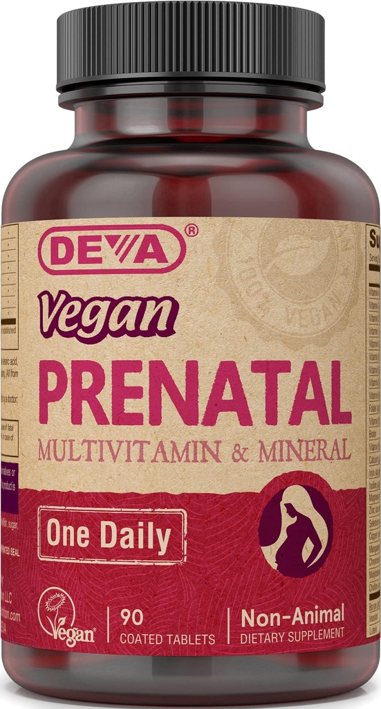 DEVA Vegan Prenatal Multivitamin ve Mineral Supplement - Once-Per-Day Formula - Vitaminler A, C, D, E, K, B Kompleksi, Folate & Chelated Iron - 90 Kaplamalı Tabletler, 1-Pack