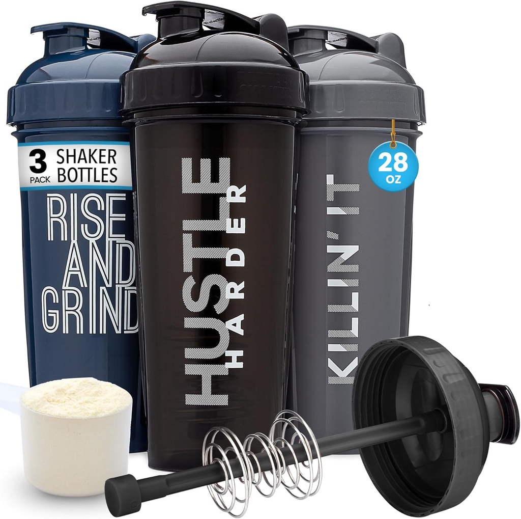 GOMOYO [3-Pack] 28-Ounce Shaker Şişe Action-Rod Mixer ile | Protein Shaker Şişe Motivasyonlu Sözlerle | Protein Shakers for Protein Shakes are Faraday Free and Dishwasher Safe | Silver, Blue, & Black
