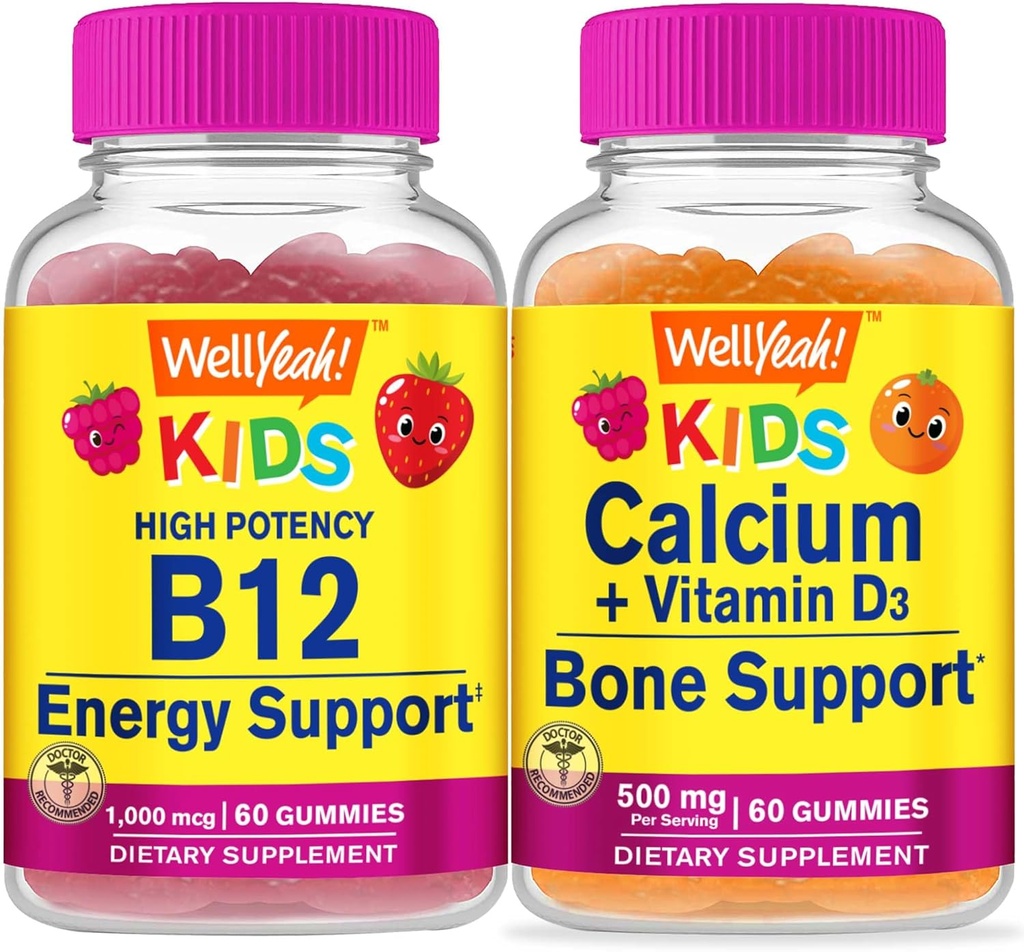 WellEvet B12 Çocuk + Kalsiyum + Vitamin D3 Çocuklar, Gummies Sche - Great Tasting, Vitamin Supplement, Gluten Free, GMO Free, Chewable Gummy