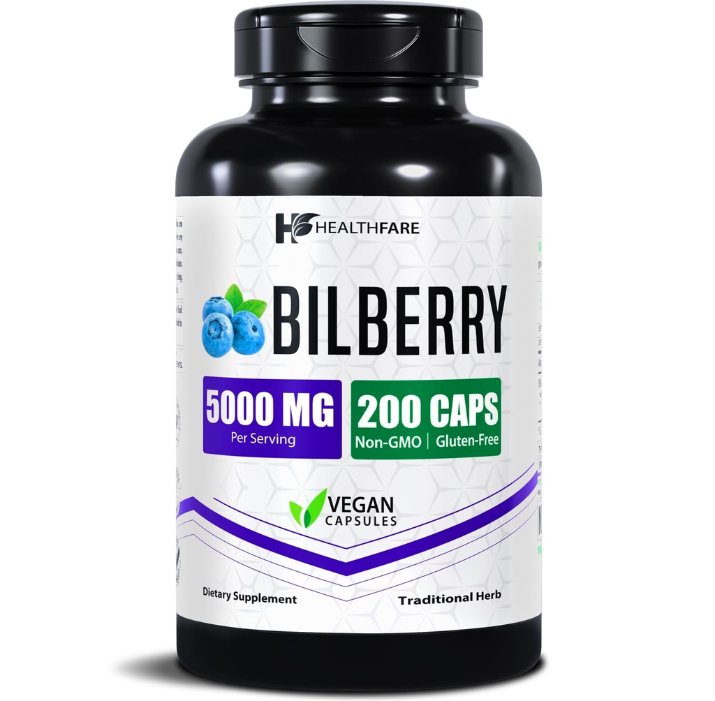 Healthfare Bilberry Supplement for Eyes | 5000 mg Extract | Vision & Eye Health Support | Antioksi Support | 200 Vegan Capsules | Ekstra Kuvvet | ABD'de Yapılacaklar |