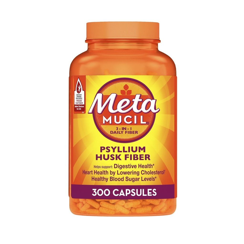 Metamucil 3-in-1 Fiber Capsules, Daily Psyllium Husk Fiber Supplement, Fiber Capsules for Digestive Health, Plant-Based Psyllium Husk Fiber Capsules, #1 Doctor Recommended Fiber Brand, 300ct Capsules