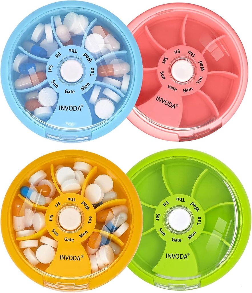 INVODA Weekly Pill Organizer 7 Karşılaştırmalı Günlük İlaçlar ve Vitaminler için Pill Box - Portatif Seyahat Pill Case Fish Oil Supplements Vitamins Organizer (4 Onay)