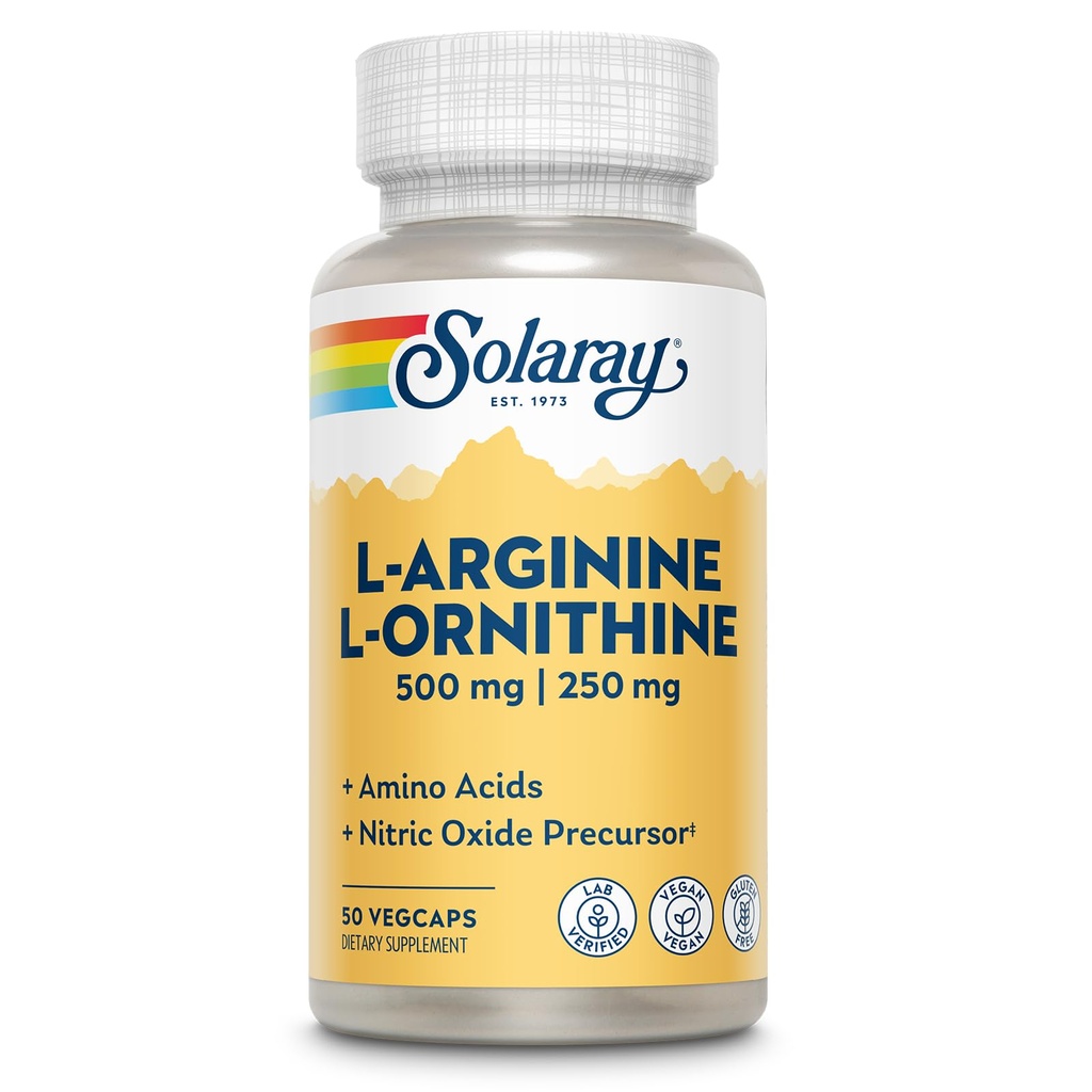 SOLARAY L Arginine L Ornithine 750mg Amino Acids Supplement - Precursors to Nitric Oxide - Non Essential Amino Acids Support Overall Wellness - Vegan, Gluten Free, 60-Day Guarantee - 50 Servings