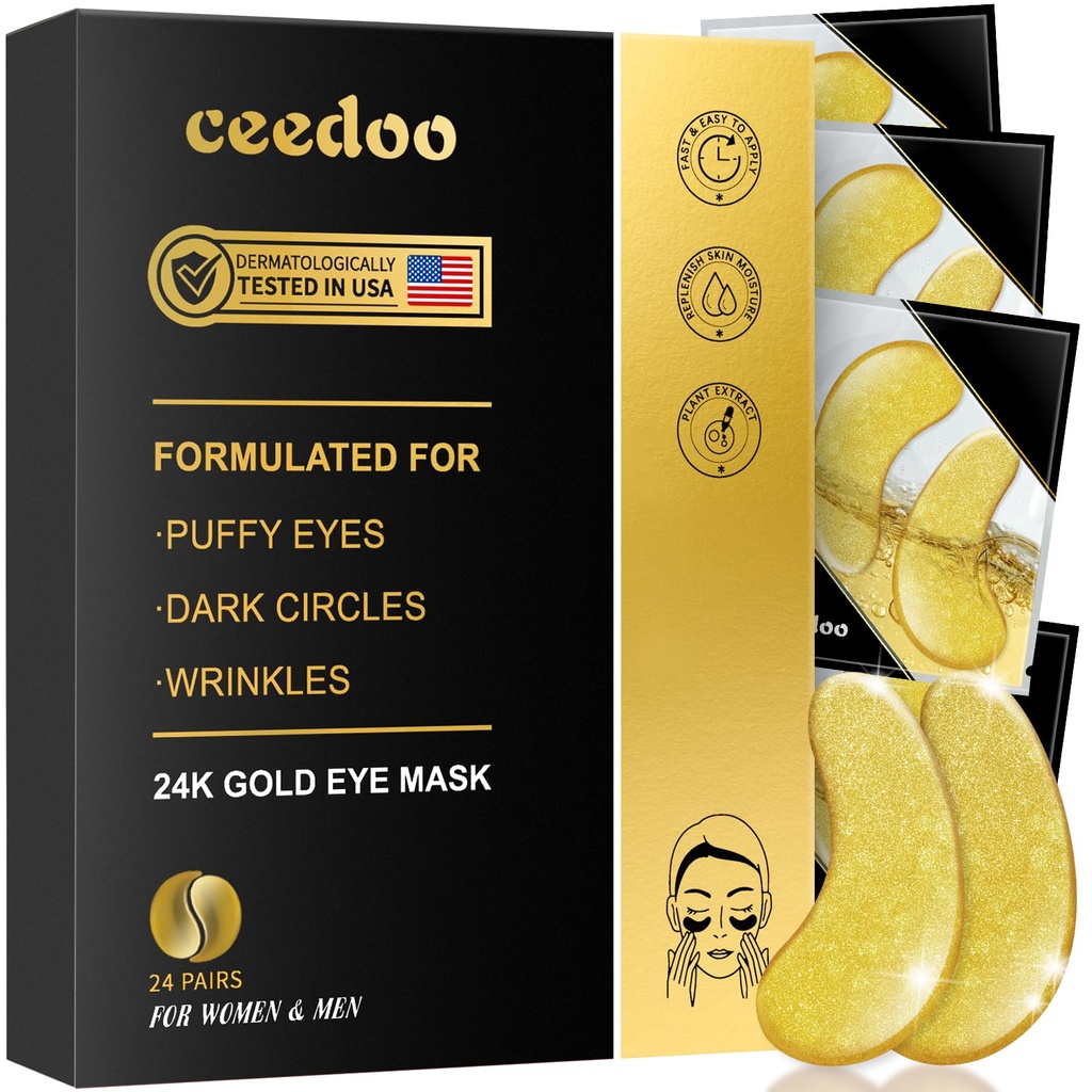 Eye Patches - 24 Pairs Gold Under Eye Mask for Puffy Eyes, Dark Circles, Eye Bag, Wrinkles, Collagen Eye Gels with Rejuvenating Treatment, Things for Women for Women