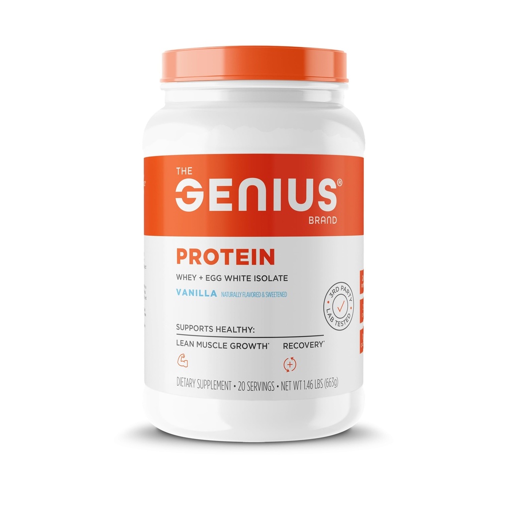 Genius Protein Powder, Vanilla - Dual Protein Blend with Improved Whey Isolate & Natural Egg White for Lean Muscle Building for Men & Women - Grass-Fed Pre & Post Workout Meal Replacement Shake