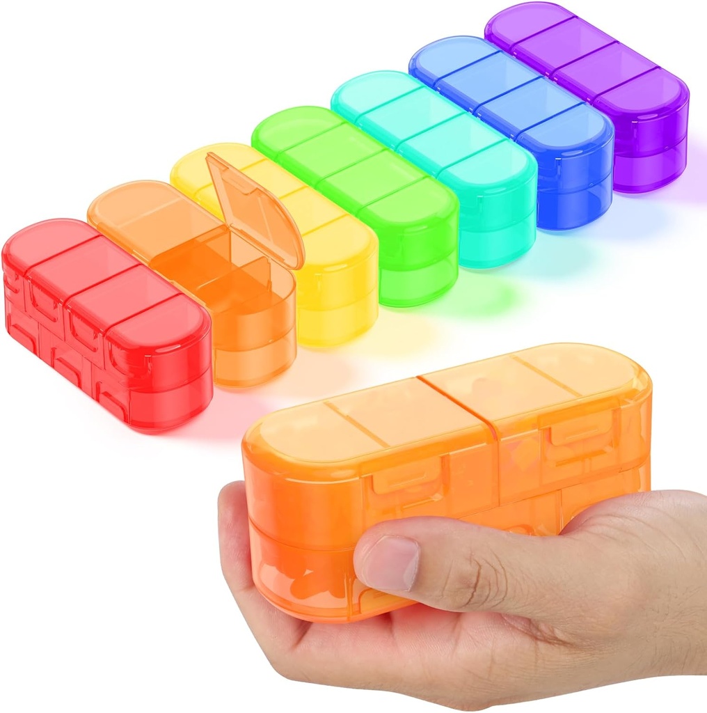 Family Pack Weekly (7 Days) Travel Pill Organizer, 2/3/4 Times a Day, Double-SidedOpen Design, Portatif Pill Box for Storing Drug/Vitamins/Fish Oils (7 Rainbow Değişkenler)