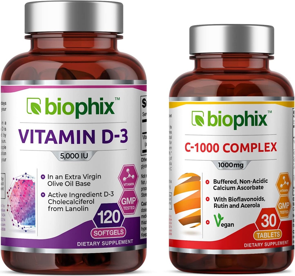 biophix Vitamin D-3 5000 IU 120 Softgels - Free Vitamin C-1000 30 Tablets - High-Potency in Extra Virgin Olive Oil Non-GMO Soy-Free Supports Strong Bones Immune Health
