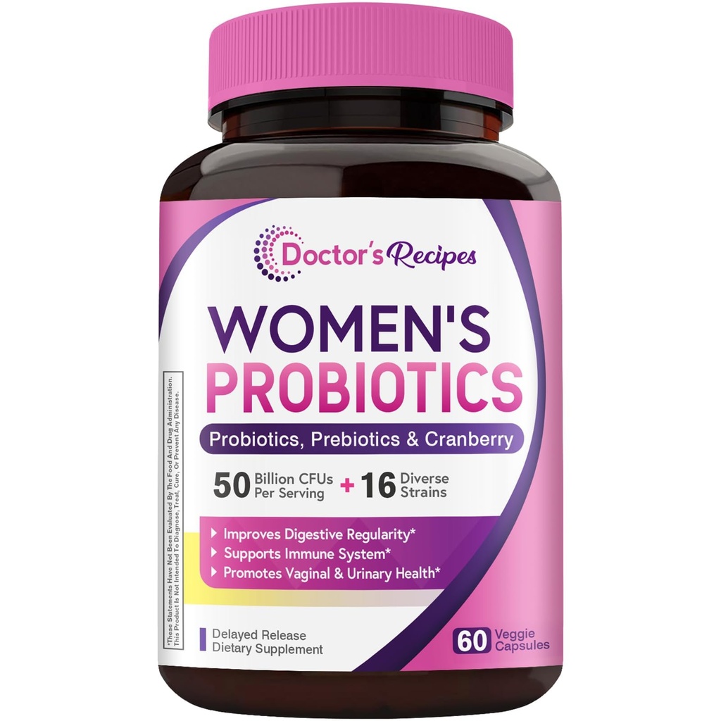 Doktor'un Tarifleri Kadın Probiyotik, 60 Caps 50 Milyar CFU 16 Strains, Organik Cranberry, Digestive Immune Vaginal & Urinary Health, Raf Stable, Gecikme, No Soy Gluten Dairy