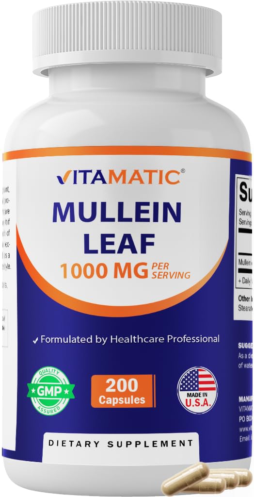 Vitamatic Mullein Leaf 1000 mg per Service - Supports Health Respiratory, Bronchial & Immune Function - 200 Capsules