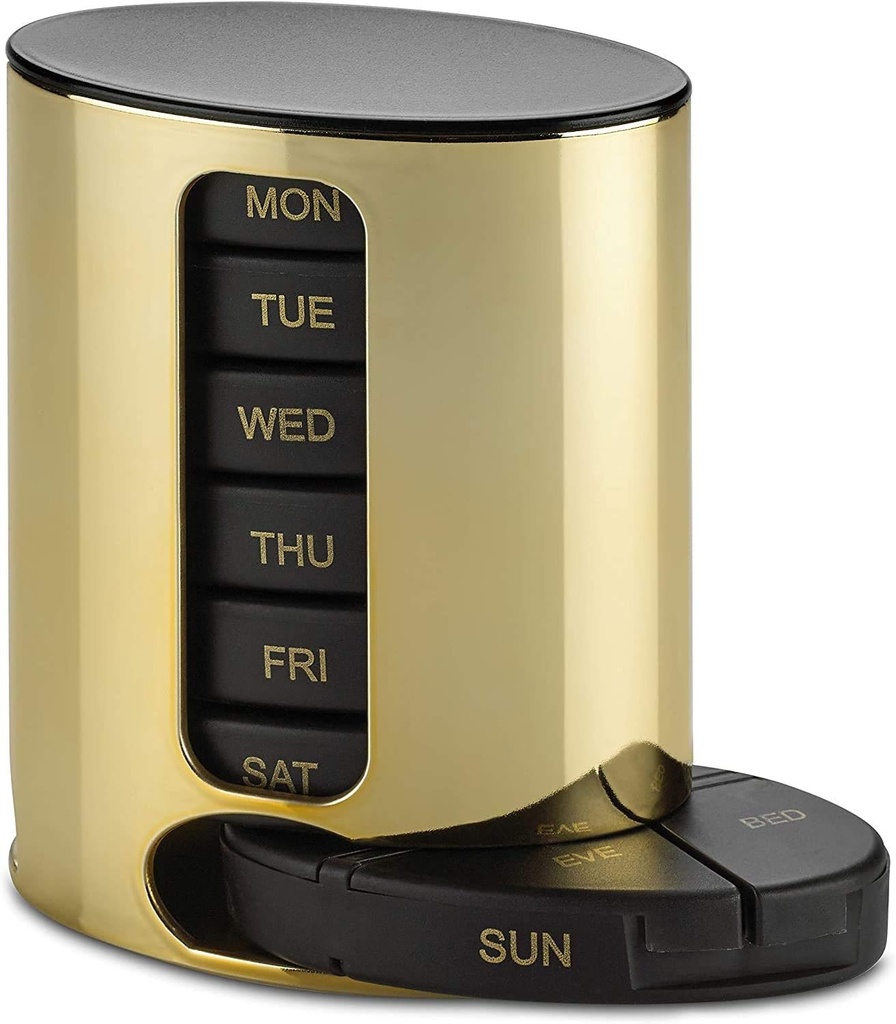 Günlük Pill Organizer - (4 Zamanlar Bir Gün) Dayanıklı İlaçlar Hatırlanabilir - Premium Haftalık AM/PM Pill Box ile Vitaminler için 7 Günlük Dayanıklı Trays ve Tıp Organizer, Fish Oils ve Supplements, Gold