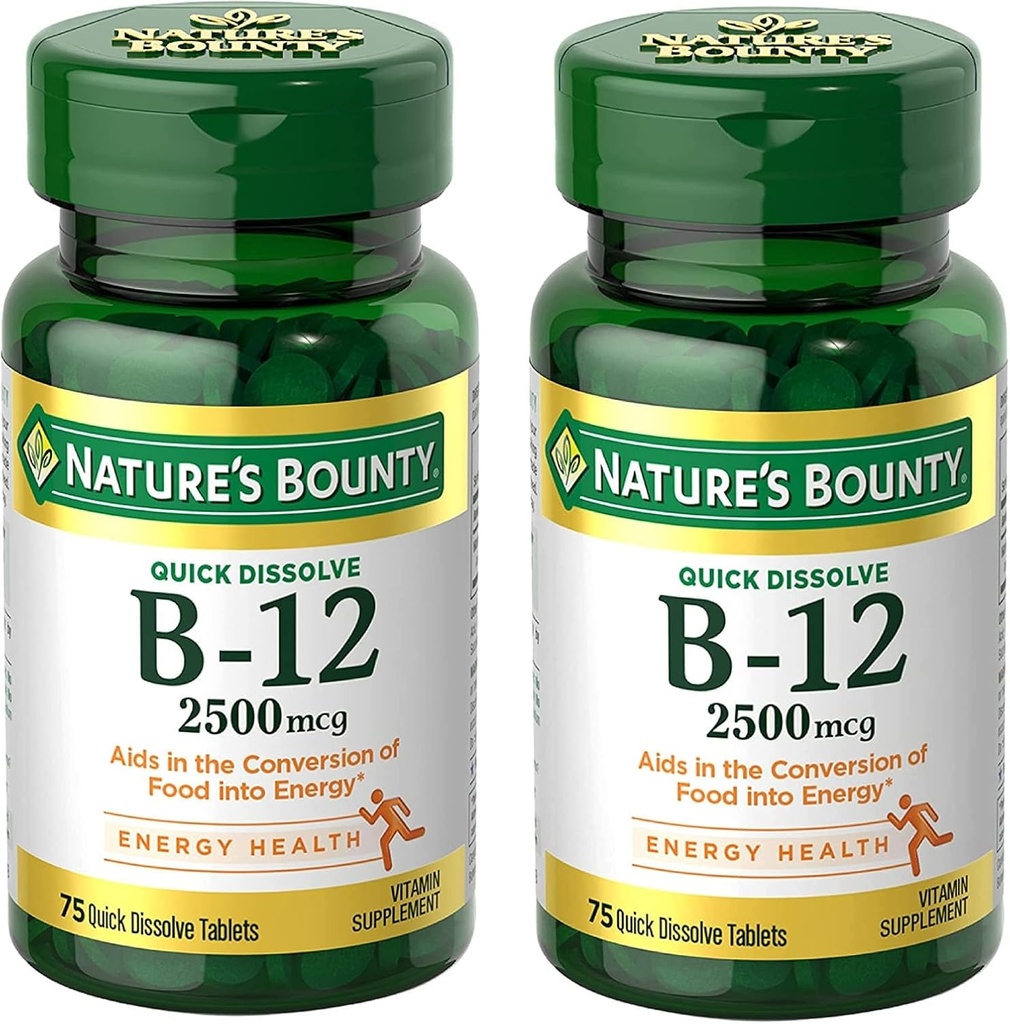 Nature's Bounty Vitamin B12 2500 mcg, Cellular Energy Support, for Energy Metabolism, Heart & Nervous System Health, 75 Quick Dissolve Tabletleri (Pack of 2)