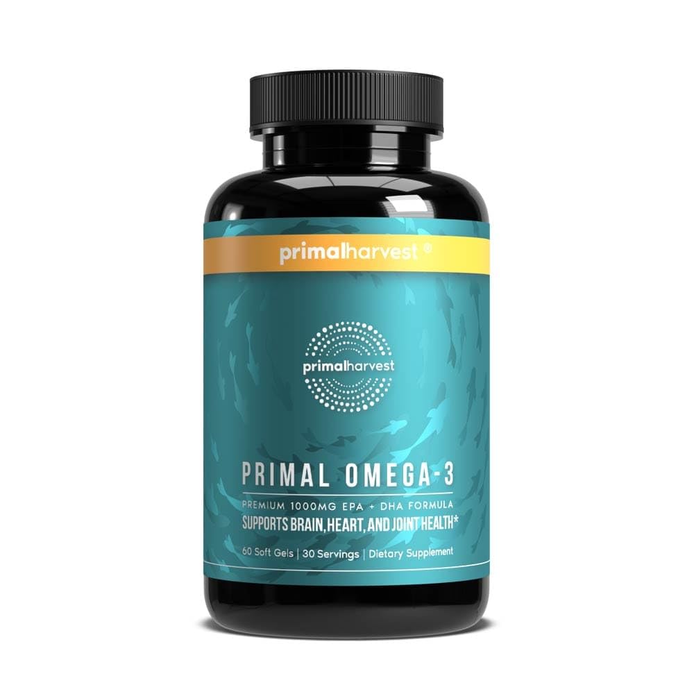 Primal Harvest Omega 3 Fish Oil Supplements, 30 Yumuşak Gels Capsules w / 1000 mg EPA + DHA Supplements, No Fishy Burps Non-GMO Omega 3 Fatty Acid