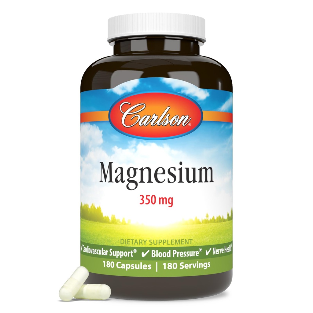 Carlson - Magnezyum, 350 mg, Cardiovascular Destek, Muscle Function & Nerve Health, 180 kapsül