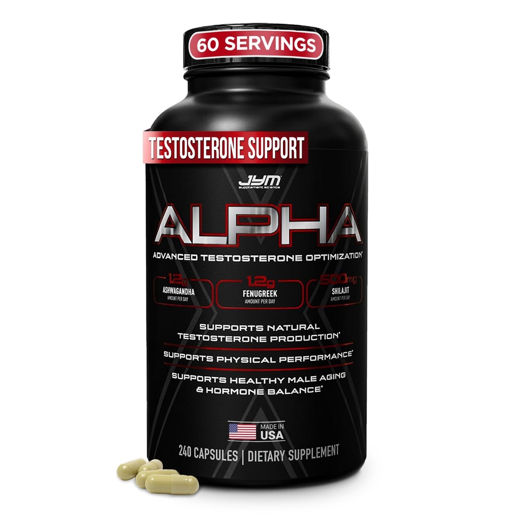 Alfa JYM X Gelişmiş Hormon Optimizasyonu, Vitality, Optimizasyon, DHEA, Ashwagandha, Boron, Shilajit, Fenugreek, Eurycoma, Damiana, Quercetin, DIM, JYM Supplemental Science, 240 Capsules