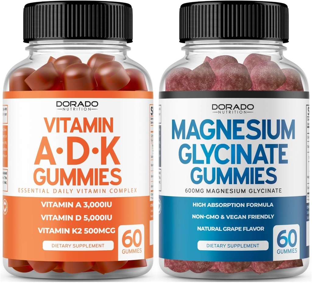 ADK Gummies Vitamin D3 K2 (60 Kont) D & K-10 Vegan Supplement Raspberry Flavor - Magnezyum Glycinate (60 Count) - Glycinate Gummies for Yetişkinler - Non GMO, Vegan & Made in USA