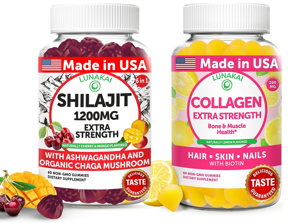 Lunakai USA Shilajit & Collagen Ekstra Güçlü Gummies Sche – Enerji, Saç, Cilt ve Çiçek Desteği – Delicious & Non-GMO