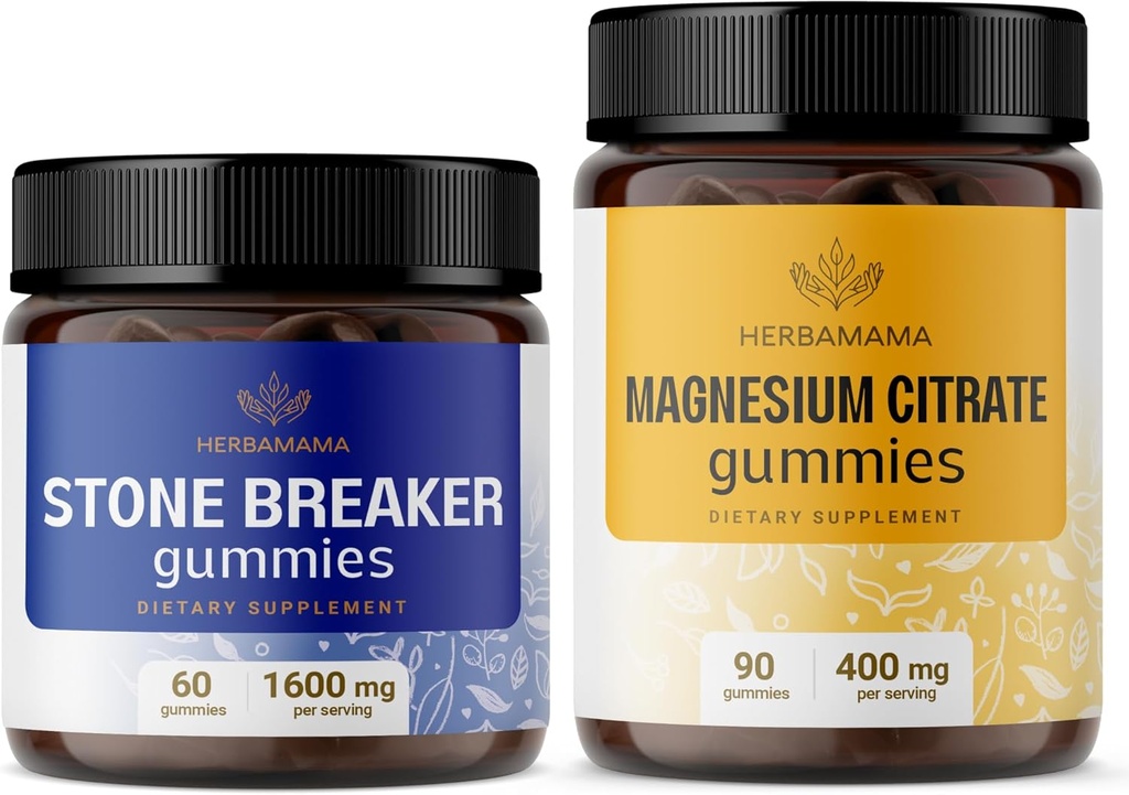 HERBAMAMA Stone Breaker and Magnesium Kit - Bundle of 1600 mg Chanca Piedra & 400 mg Magnesium Citrate Gummies - Vegan, Non-GMO, Gelatin-Free - 2 Pack