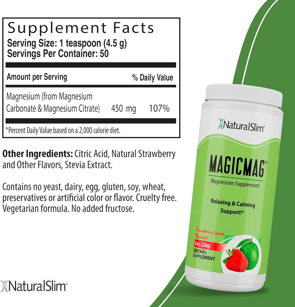 NaturalSlim Magicmag Magnezyum Pure Citrate Toz – Stres, Constipation, Muscle, and Heart Support | Natural Strawberry & Lime Flavored Magnezyum Supplement - 8oz İç Mix (3 Pack)