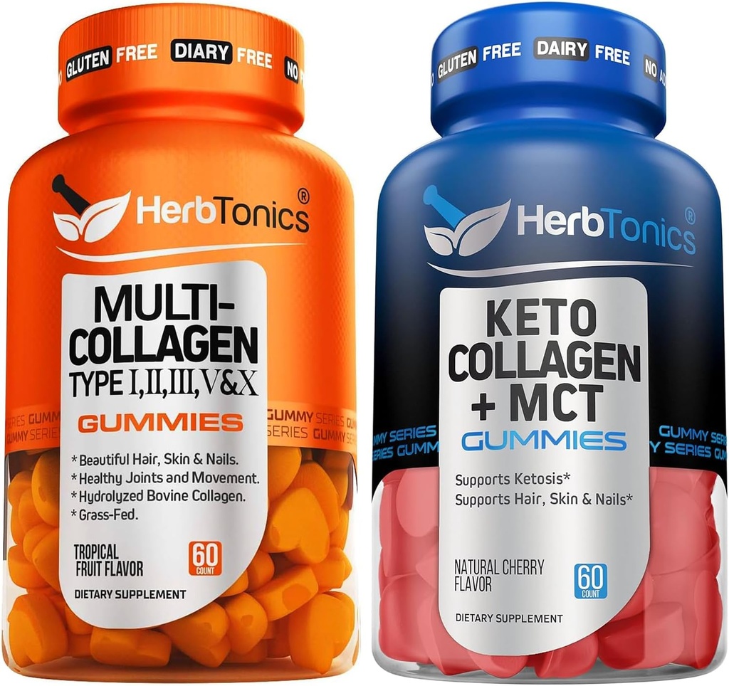 Herbtonics Multi Collagen Gummies Type 1,2,3,5 & 10 with Biotin for Hair Growth, Skin, Nails Keto Gummies with MCT + Collagen | Sugar Free | Anti Aging, Hair Growth, Skin Care & Strong