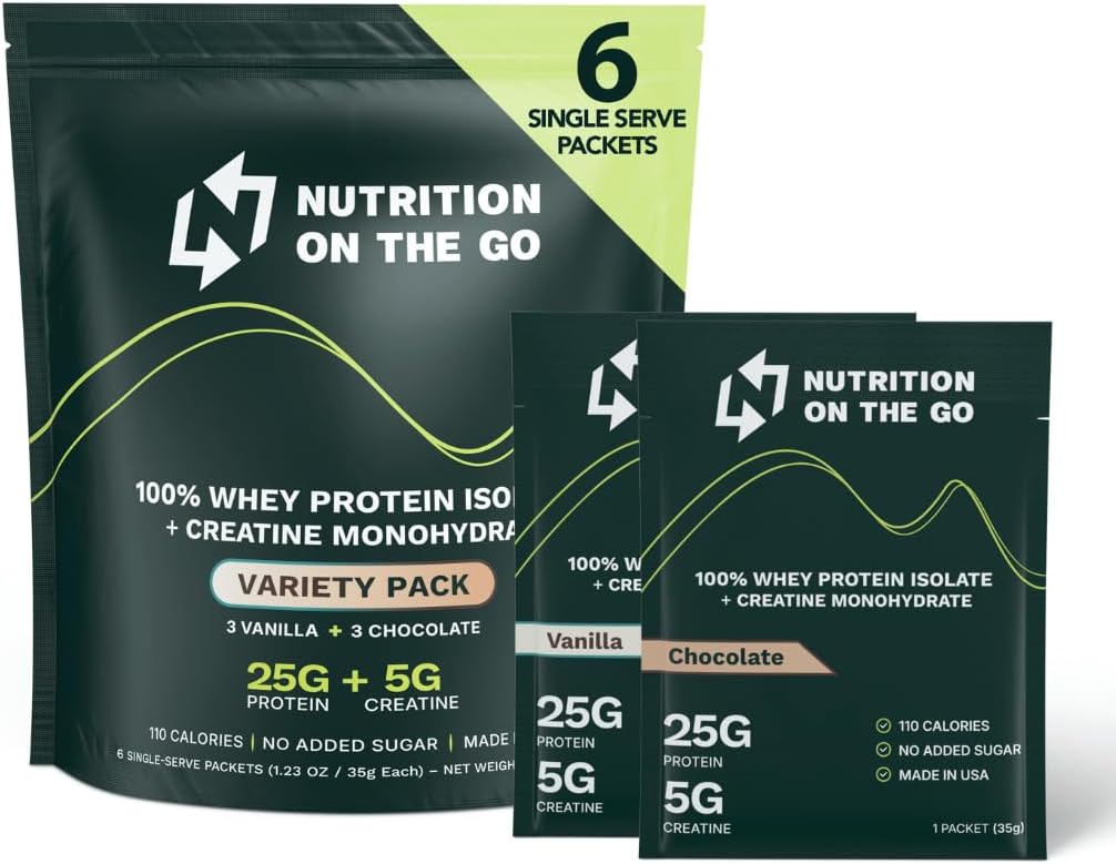 Go Whey proteini, 25g proteini + 5g Kretine – Single-Serve Travel Protein Toz - Çeşitli Paket (Vanilla & Chocolate) (6-Pack)